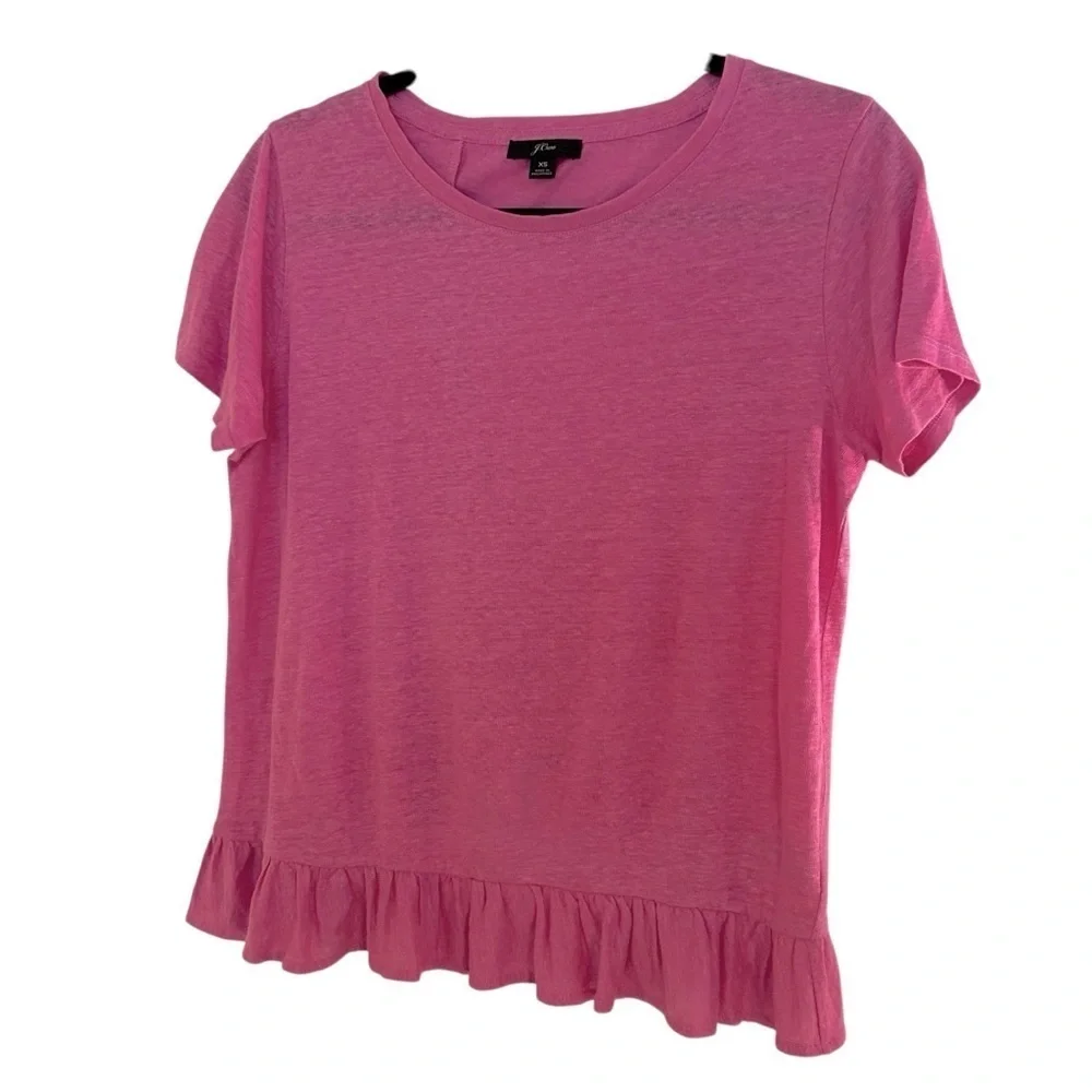J. Crew 100% linen pink ruffle hem and back short sleeve top XS